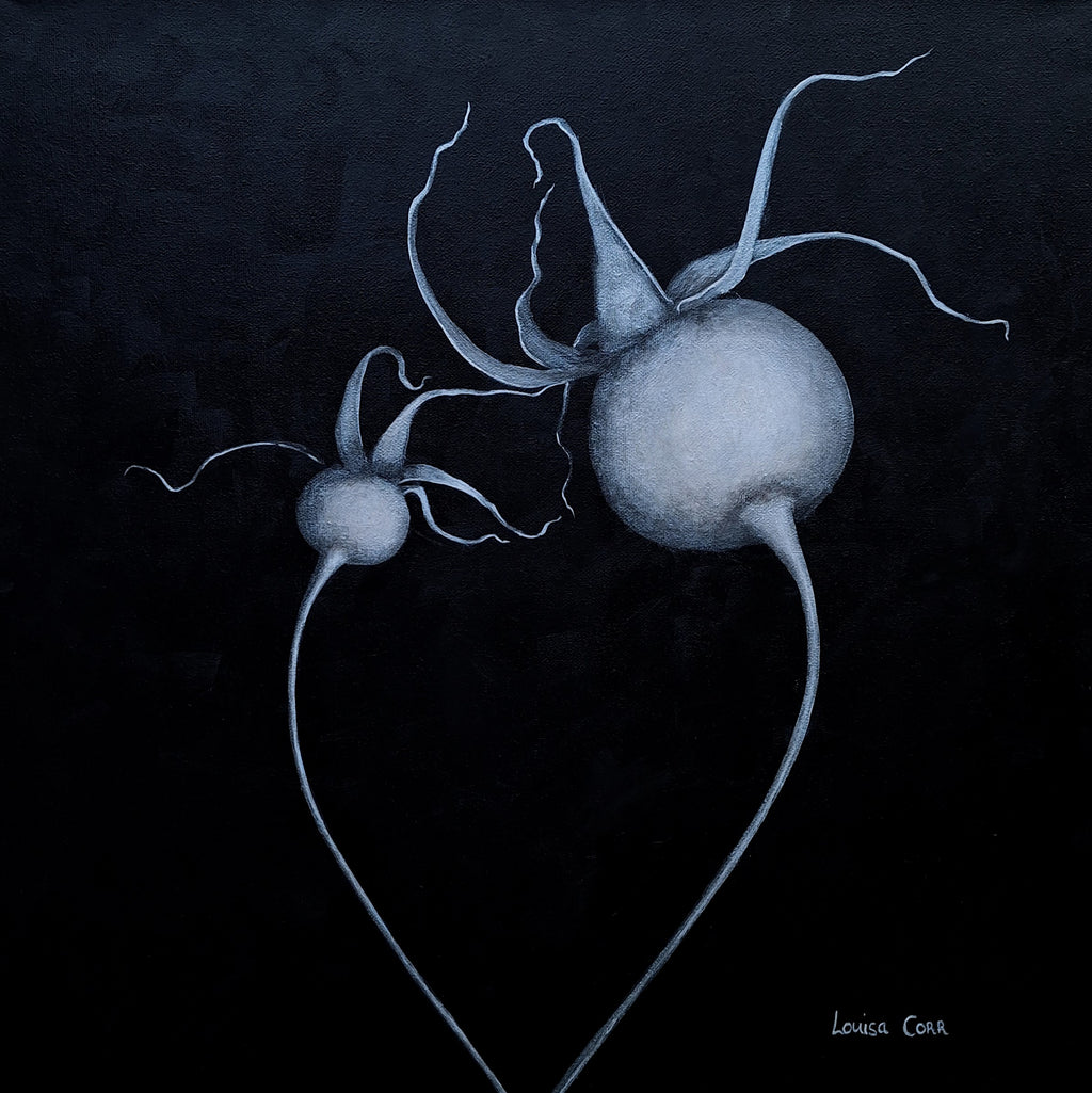 Artistic depiction of two silver rosehips on a black background