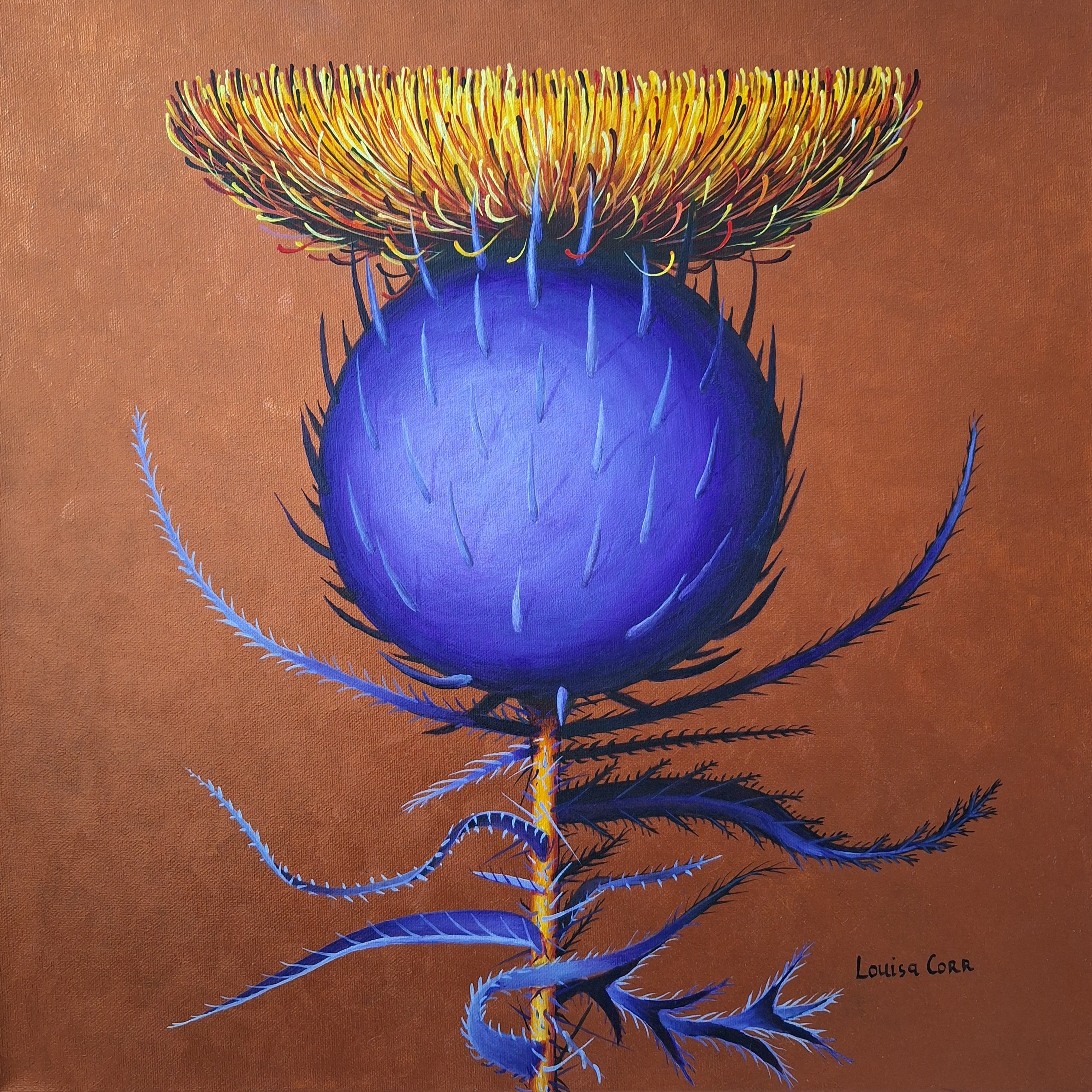 Colorful thistle flower with blue body and yellow top on a brown background