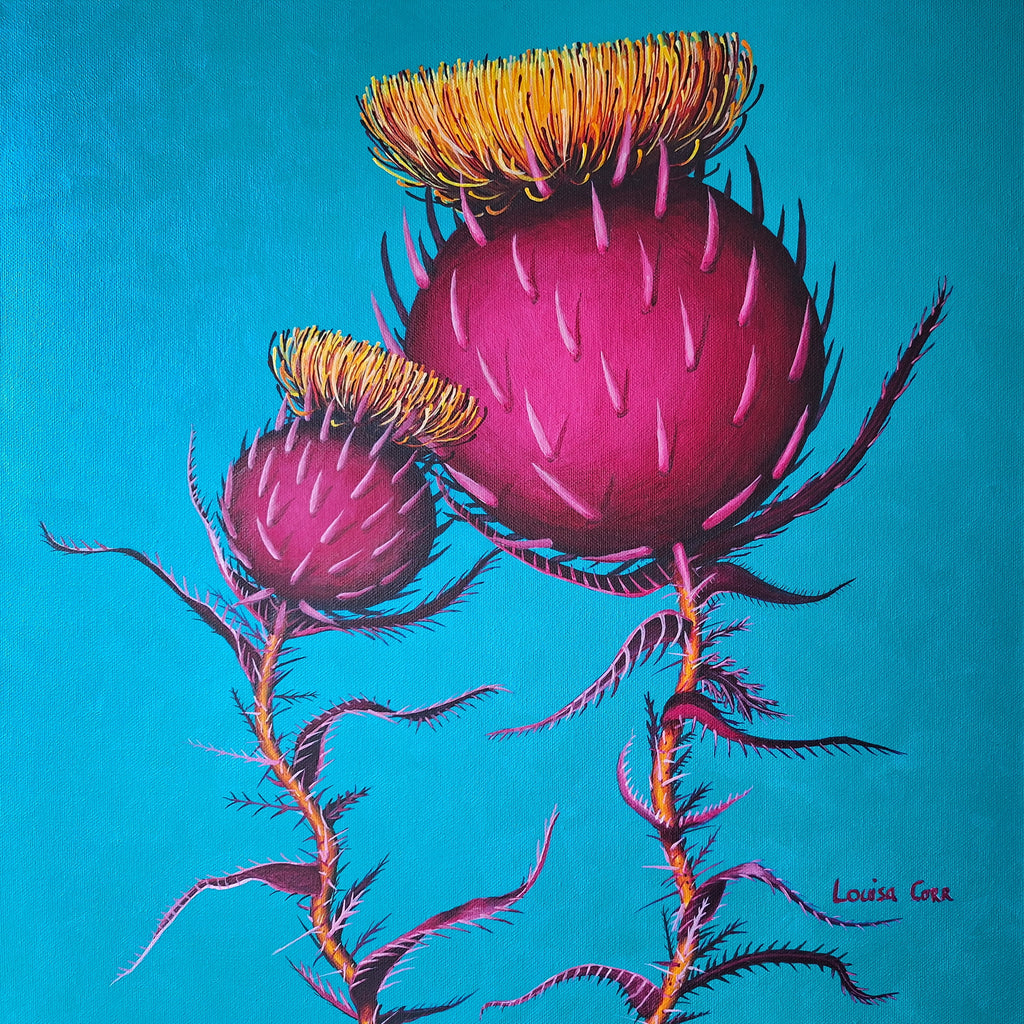 Artistic depiction of pink thistles with yellow centers on a blue background