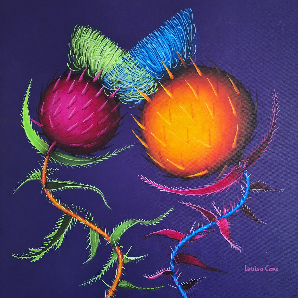 Colorful thistle flower illustration with vibrant colors on a dark background