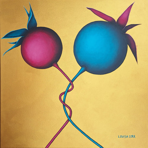 Colorful abstract artwork of two connected spheres on a gold background, signed Louisa Corr