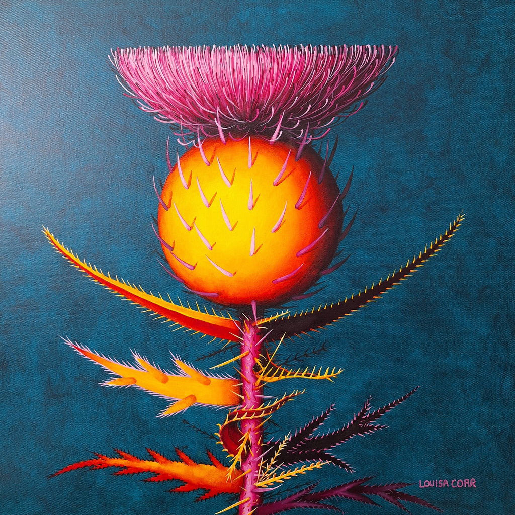 Stunning Colorful thistle flower painting on a blue background bby British Artist