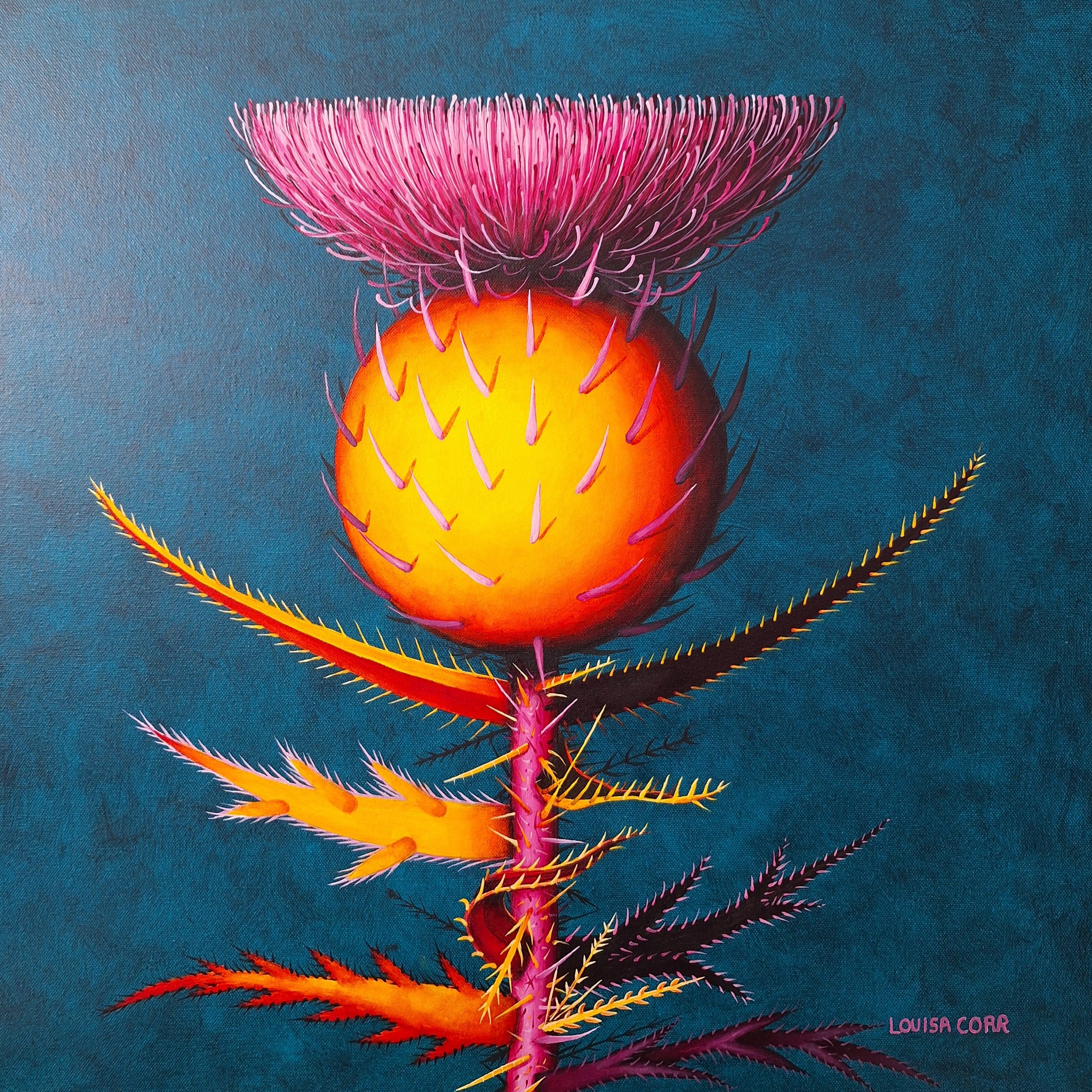Stunning Colorful thistle flower painting on a blue background bby British Artist