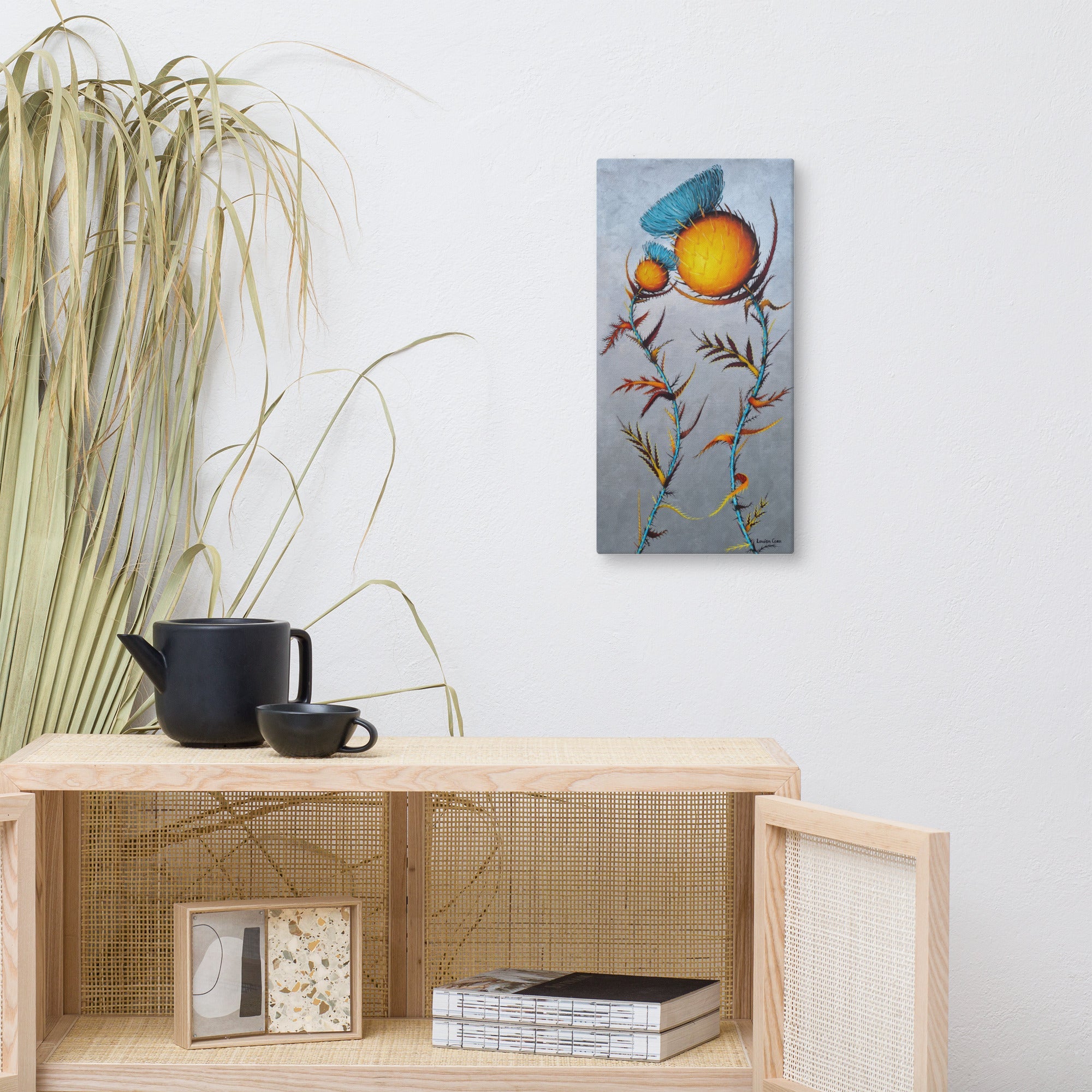 Interior design with Louisa Corr's beautiful thistle painting on a white wall.