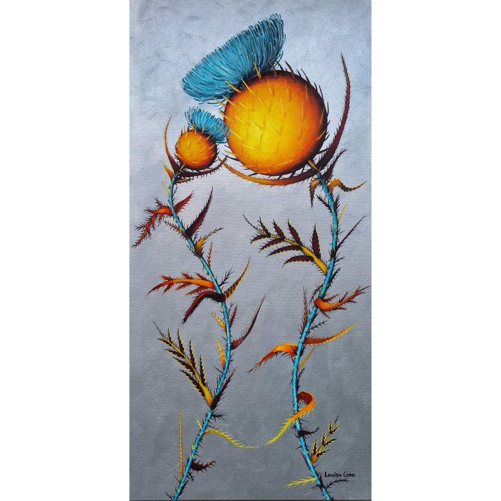 Surreal thistle artwork with blue and orange elements on a silver background