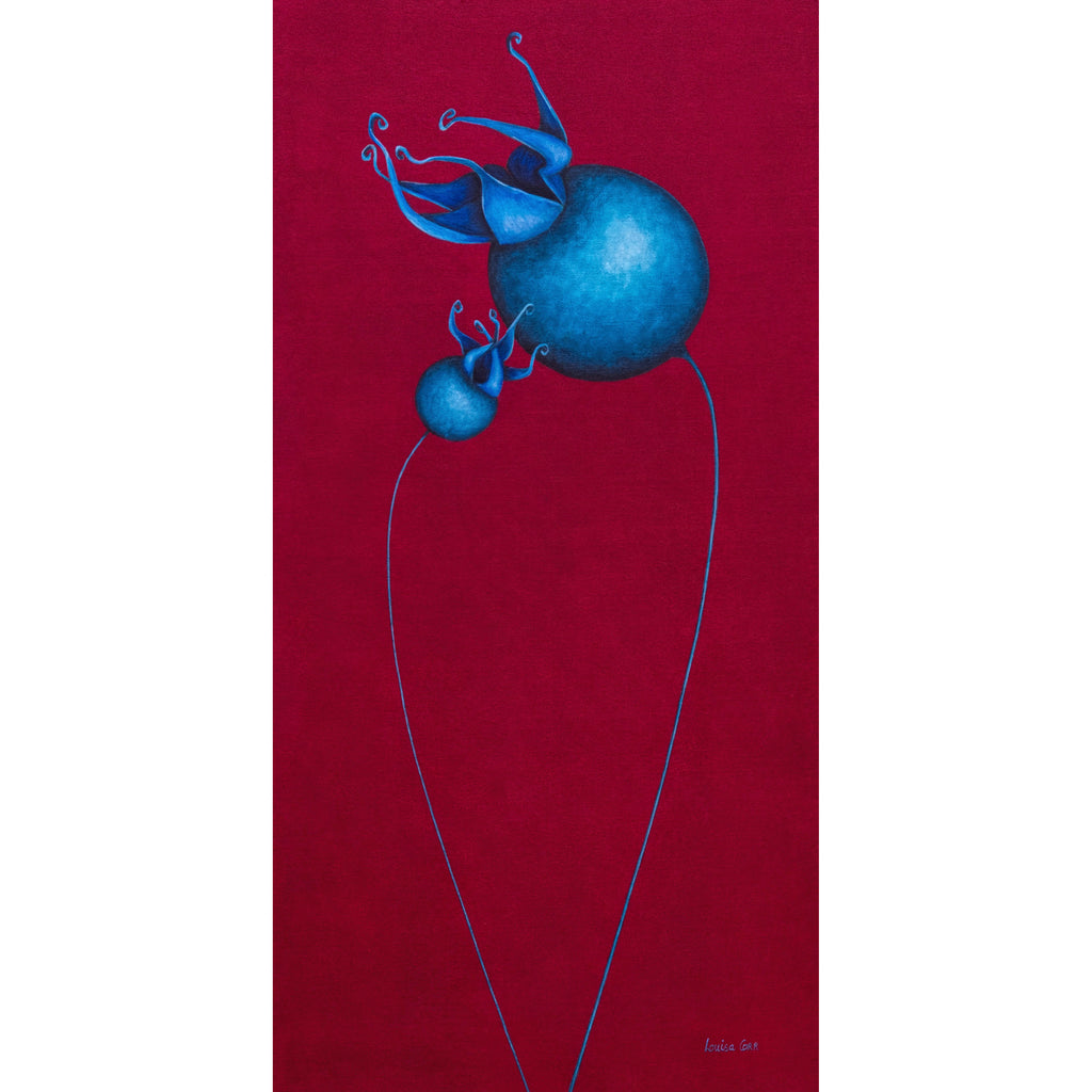 Blue flower-like shapes on a red background. Surreal art.