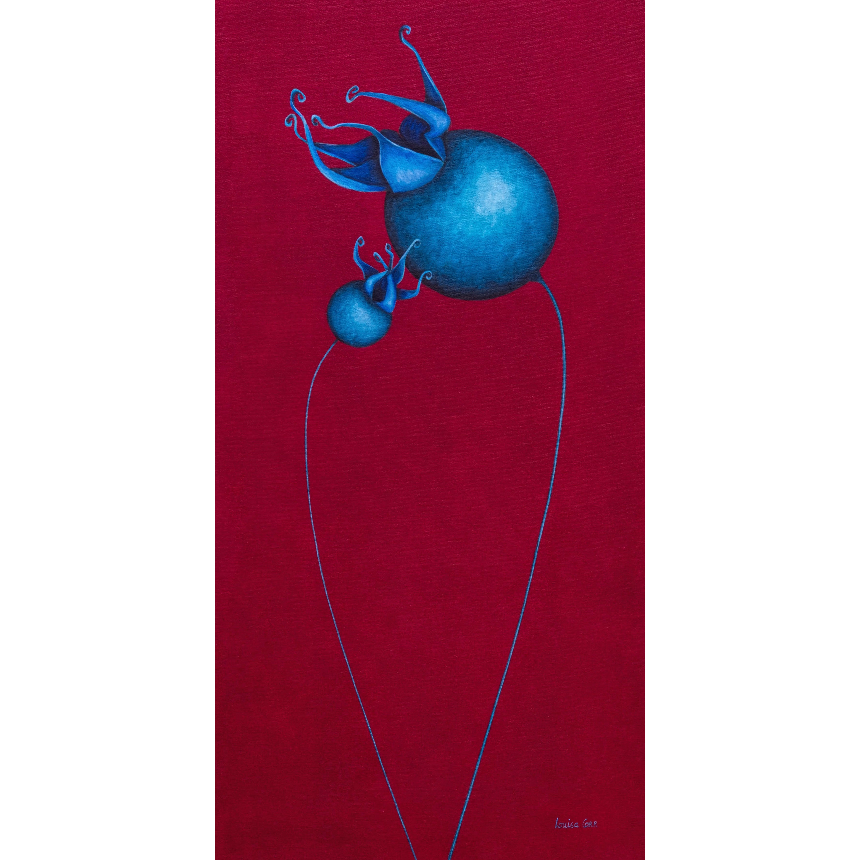 Blue flower-like shapes on a red background. Surreal art.