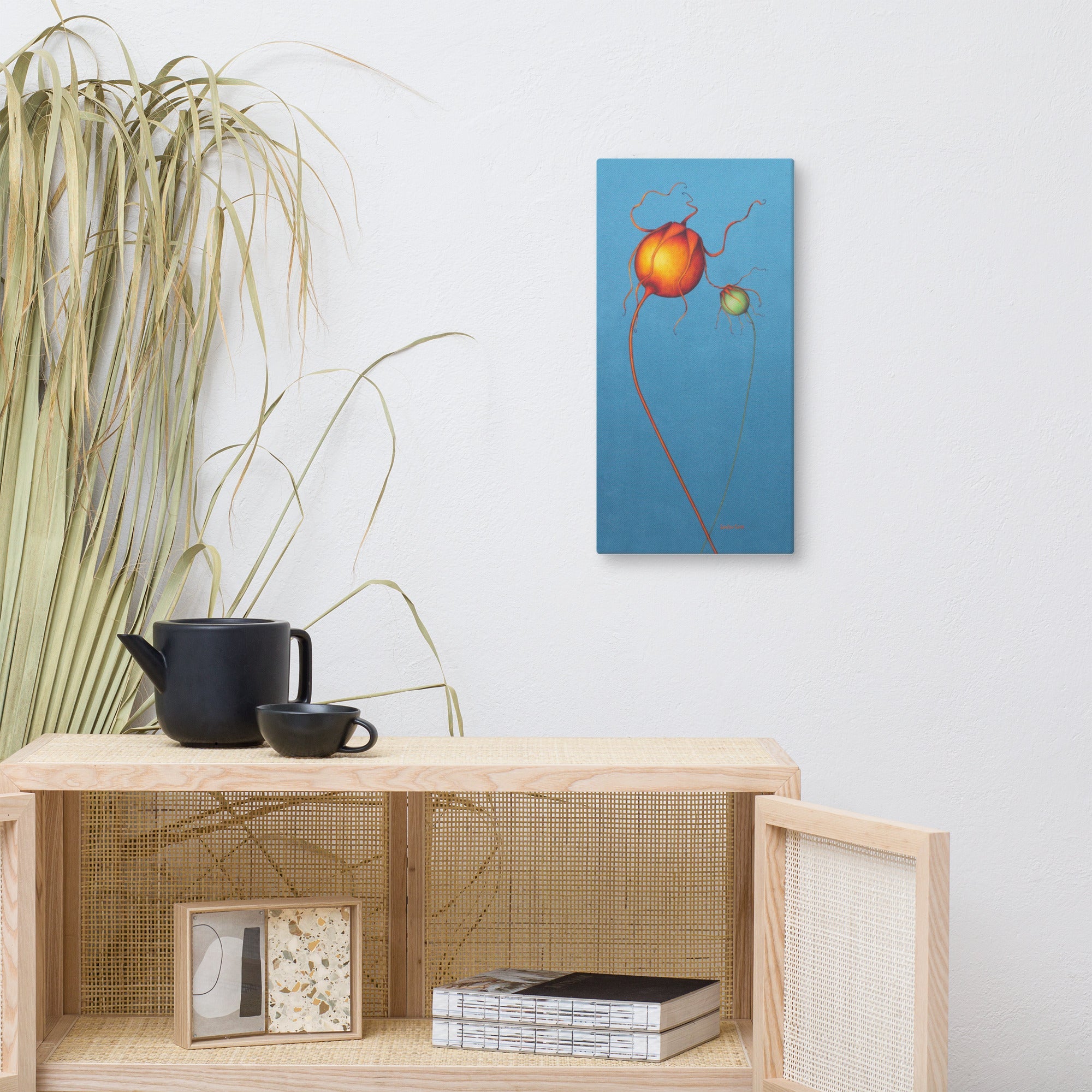 Decorative shelf with a framed artwork on a white wall.  Crystal Turquoise