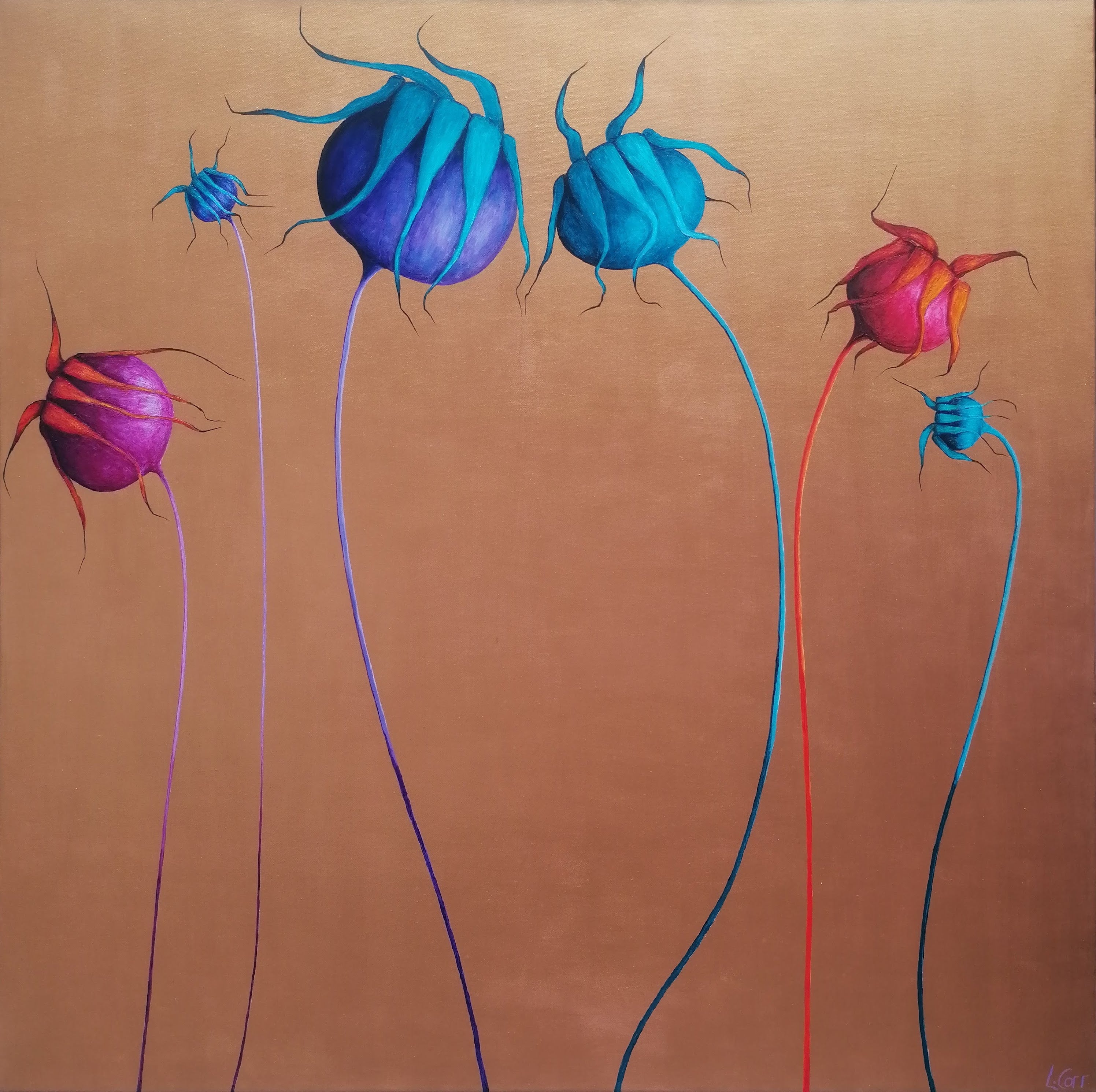 Colorful abstract flowers on a brown background