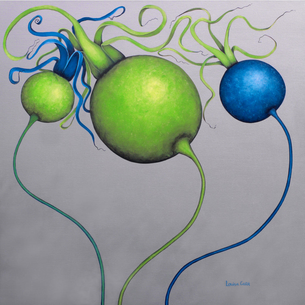Abstract artwork of green and blue spherical shapes with tendrils on a gray background