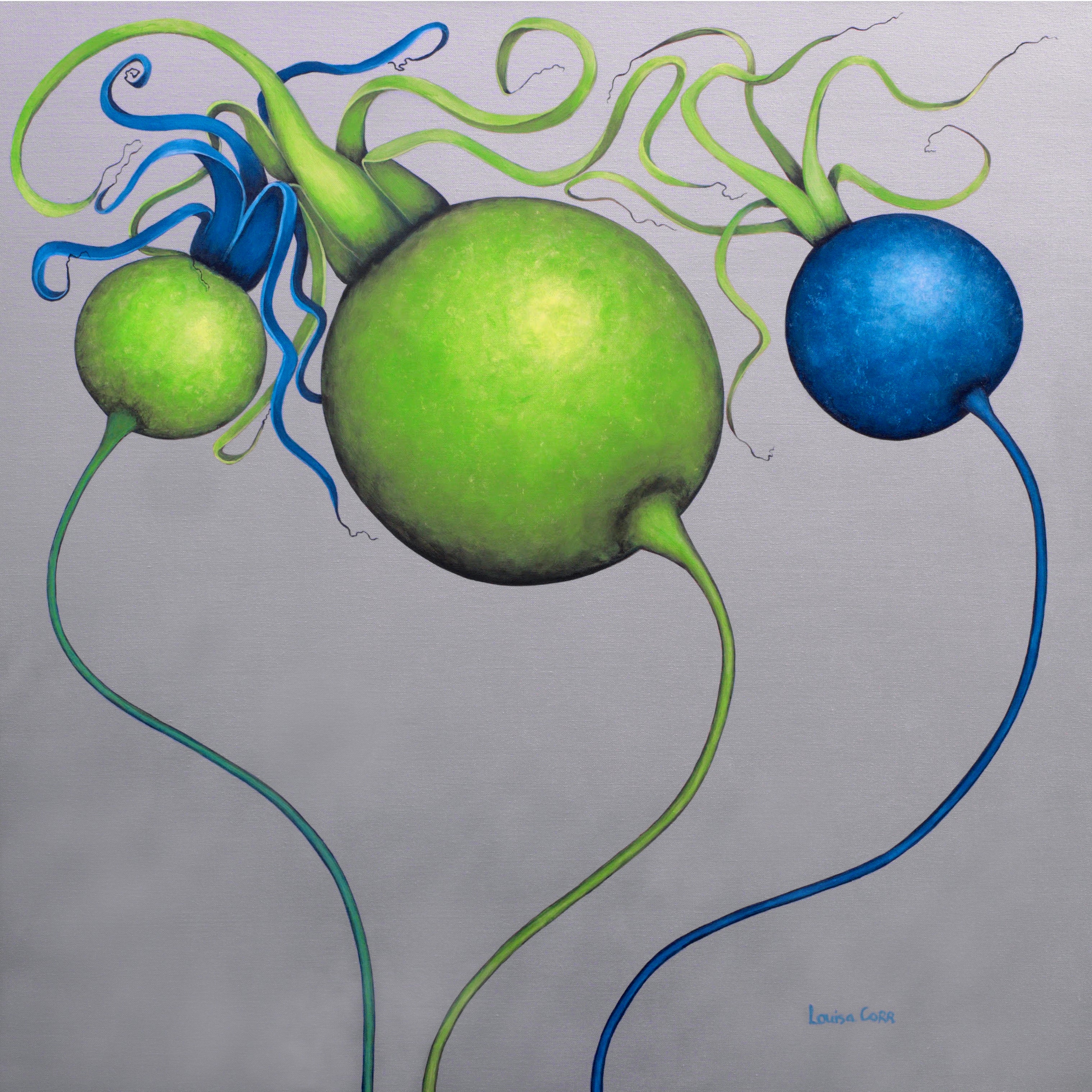 Abstract artwork of green and blue spherical shapes with tendrils on a gray background