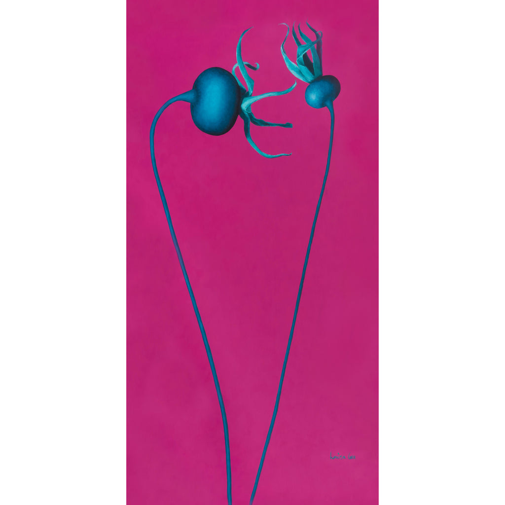 Two blue flowers on a pink background. Modern rosehip botanical print.