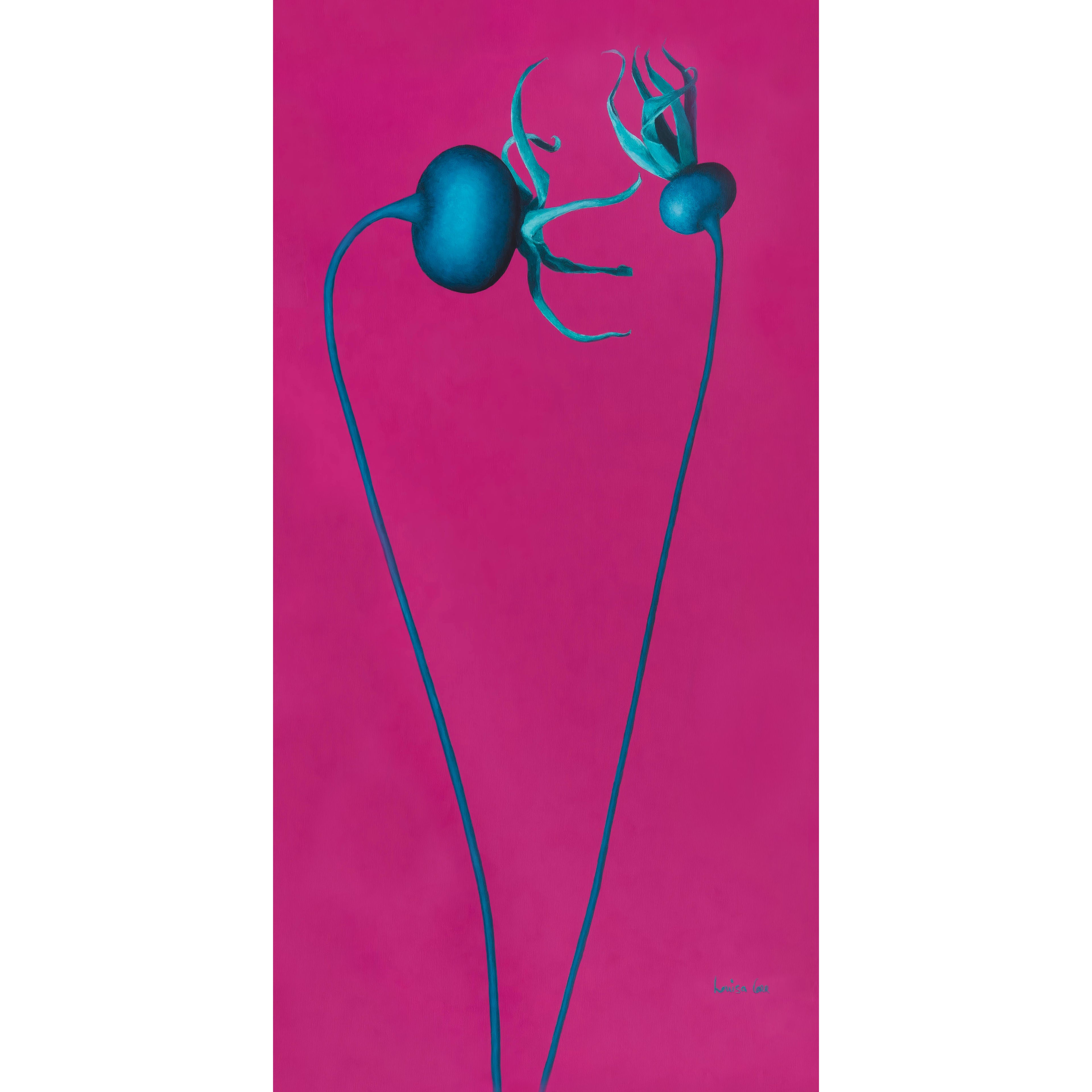 Two blue flowers on a pink background. Modern rosehip botanical print.