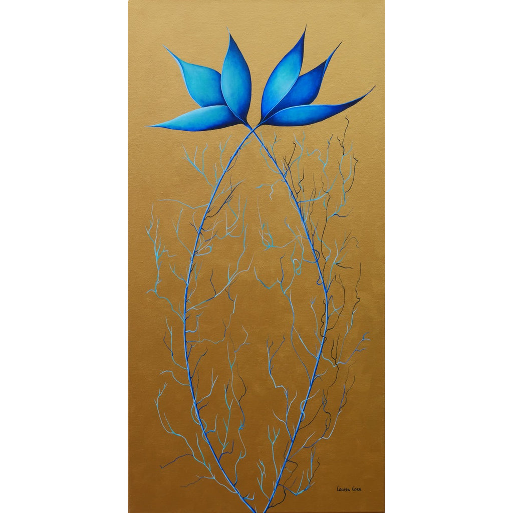 Artistic depiction of blue leaves on a gold background. Abstract botanical acrylic painting, colourful contemporary wall art