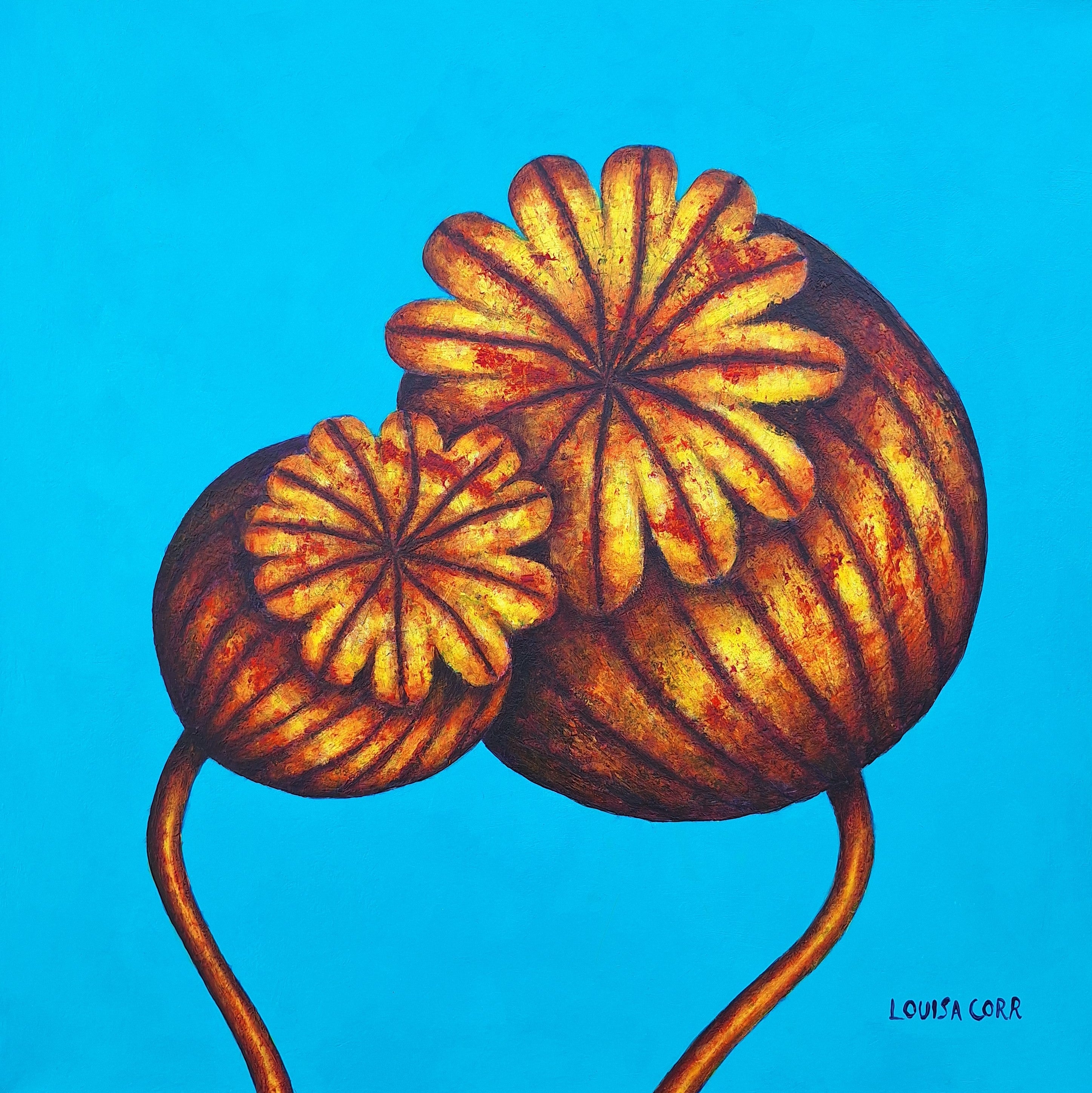 Artistic depiction of two brown acorns on a blue background, signed 'Louisa Corr'.