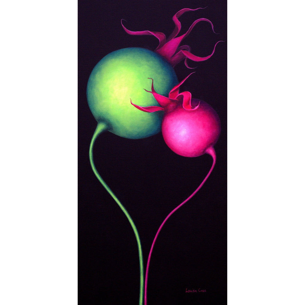 Futuristic design of two glowing spheres, one green and one pink, on a black background.