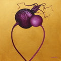 Artistic illustration of a purple rosehips on a gold background by Louisa Corr gallery uk artist
