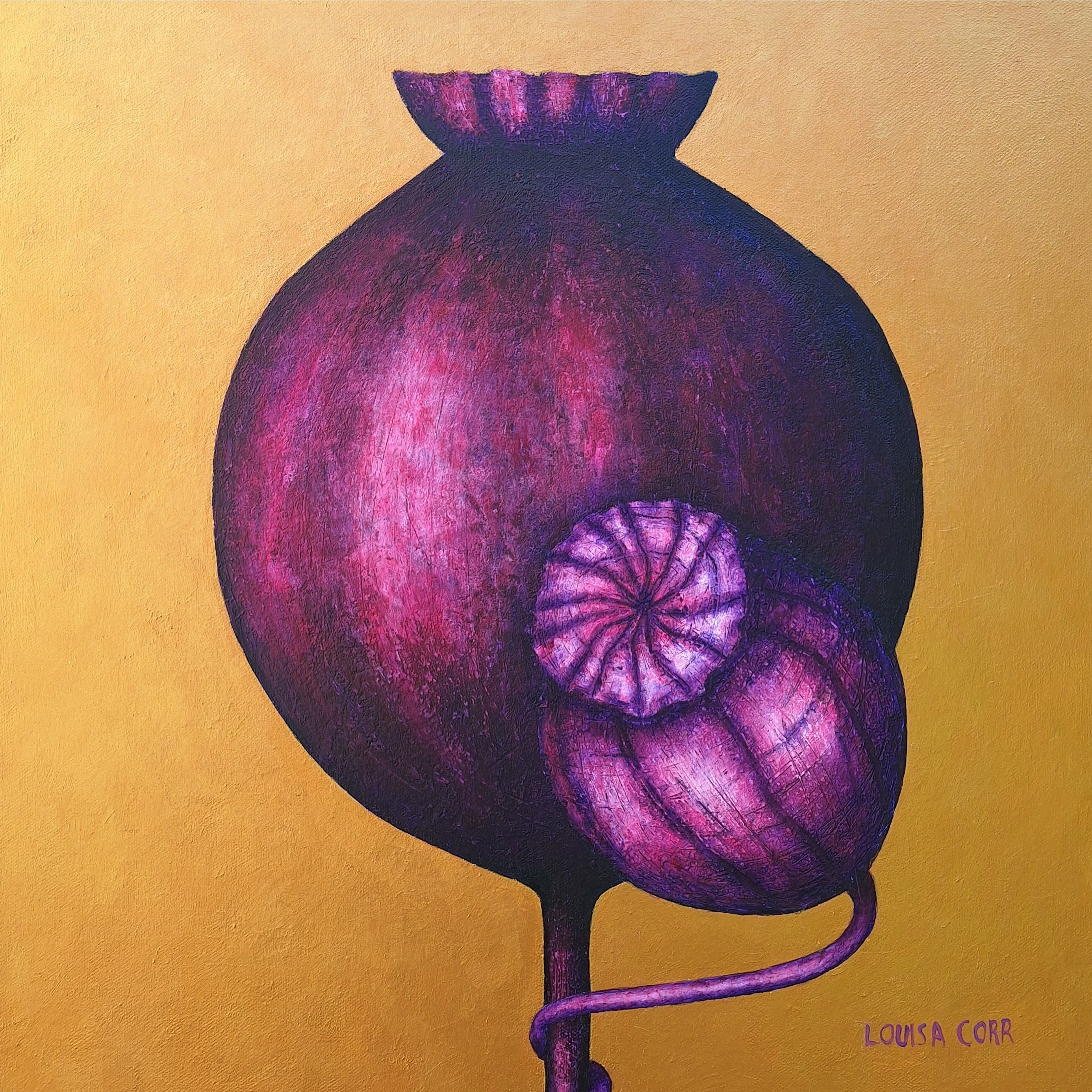 Artistic depiction of a purple pomegranate on a gold background