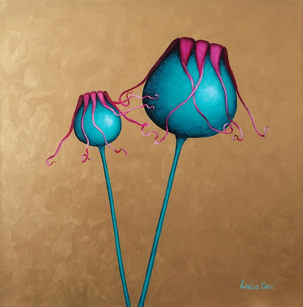 Two turquoise flowers with pink stamens on a gold background
