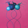 Abstract artwork of blue and turquoise spherical forms on a pink background