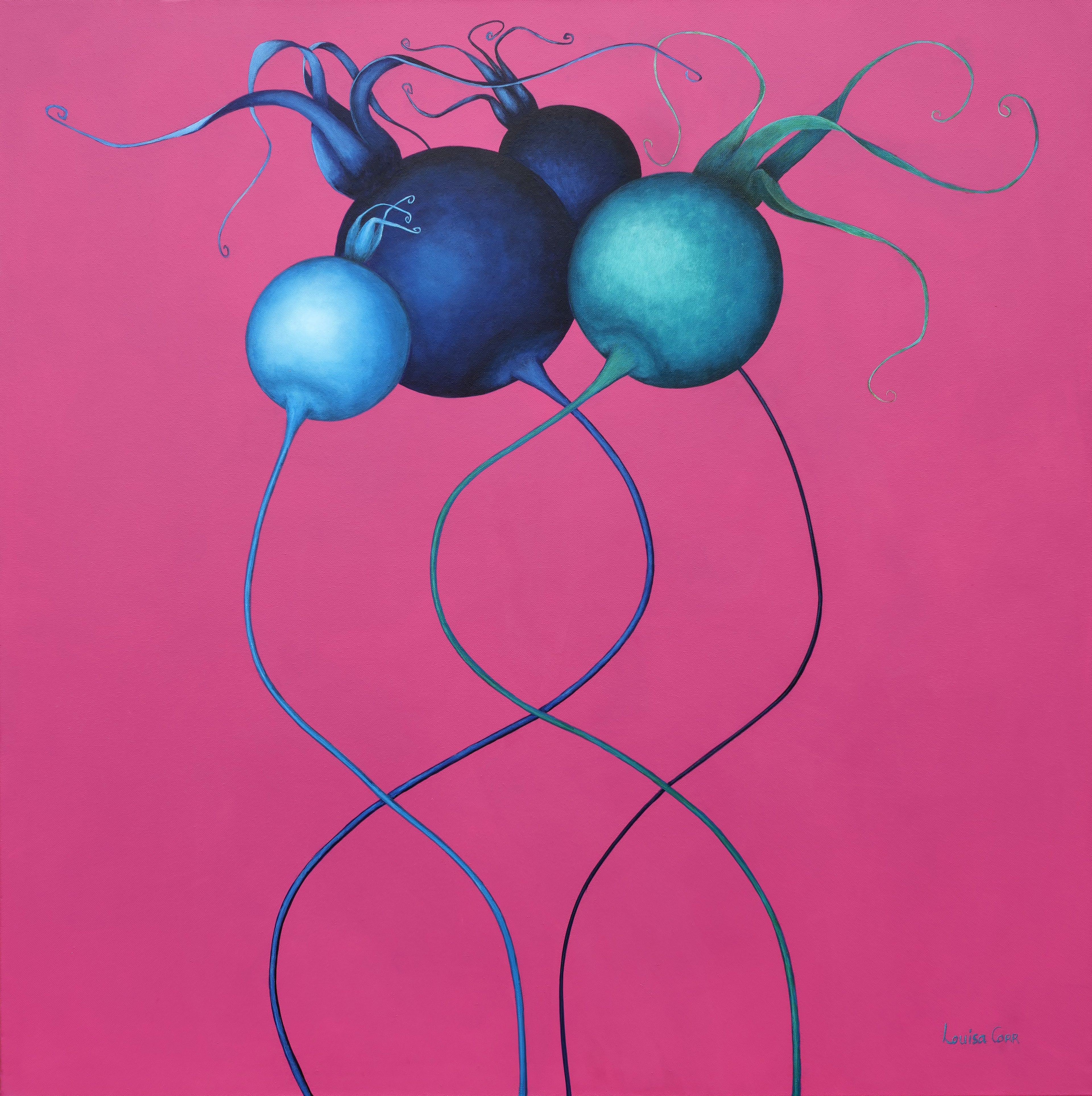 Abstract artwork of blue and turquoise spherical forms on a pink background
