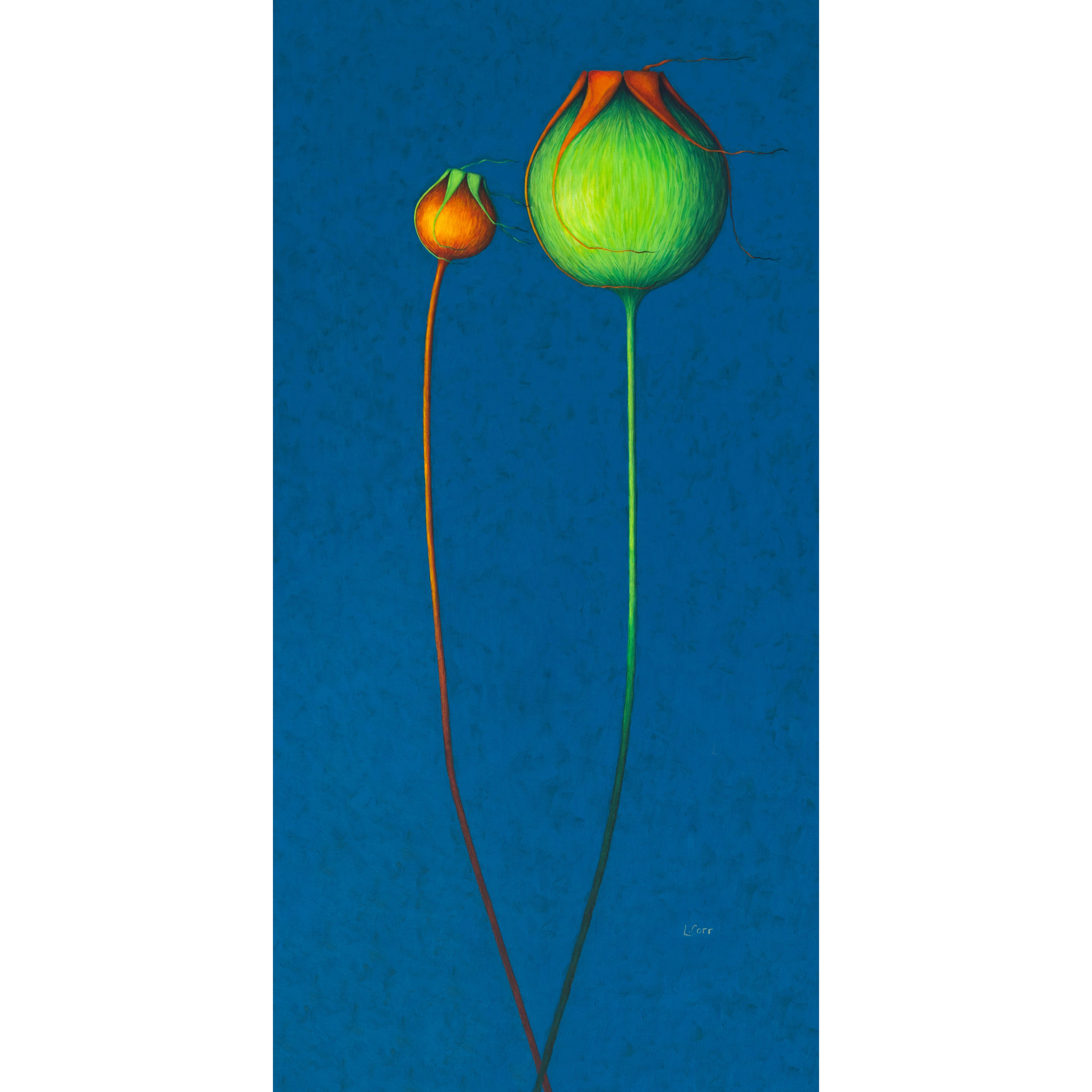 Two stylized flowers, one green and one orange, on a blue background Contemporary poppy botanical print, bold summer floral artwork