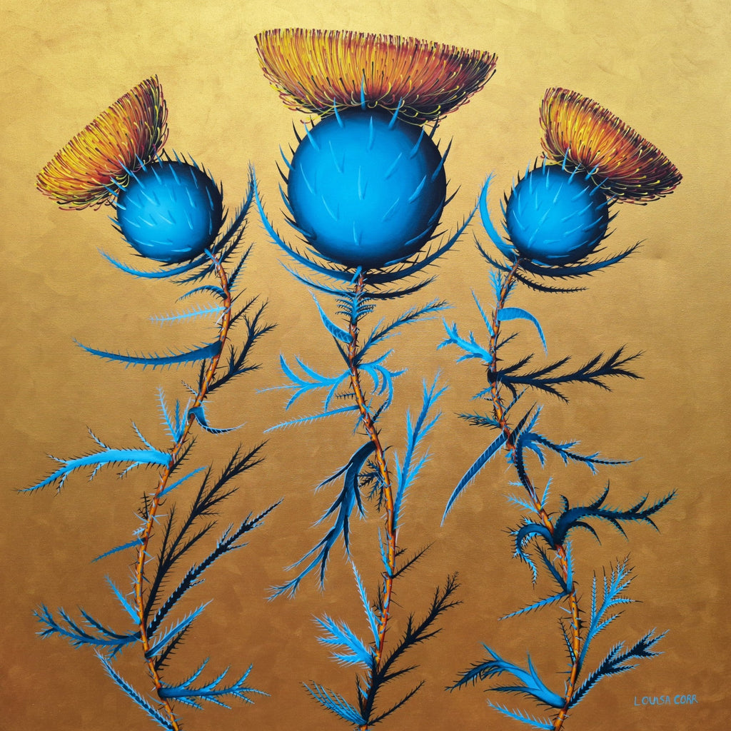 Artistic depiction of blue flowers with orange centers on a gold background