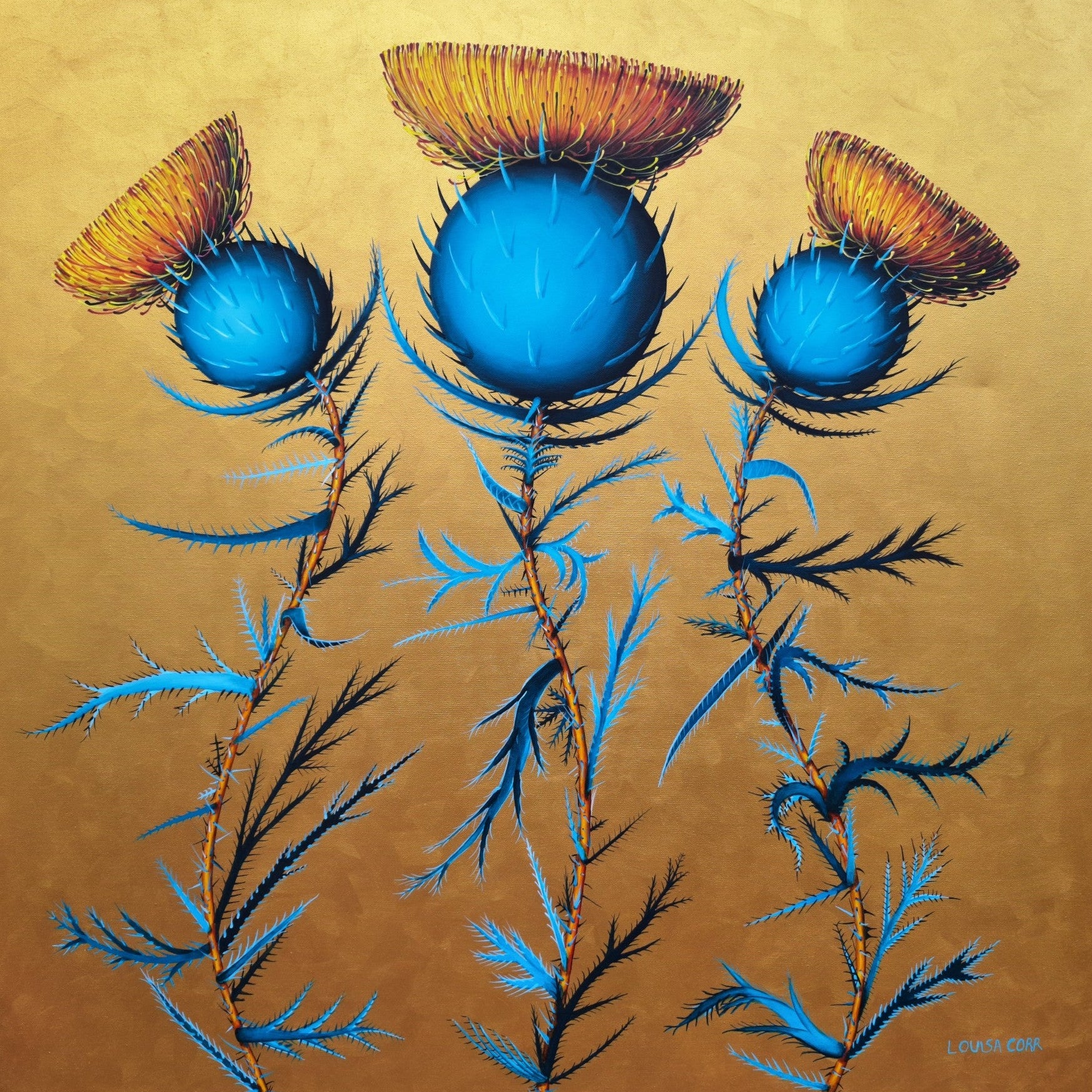 Artistic depiction of blue flowers with orange centers on a gold background