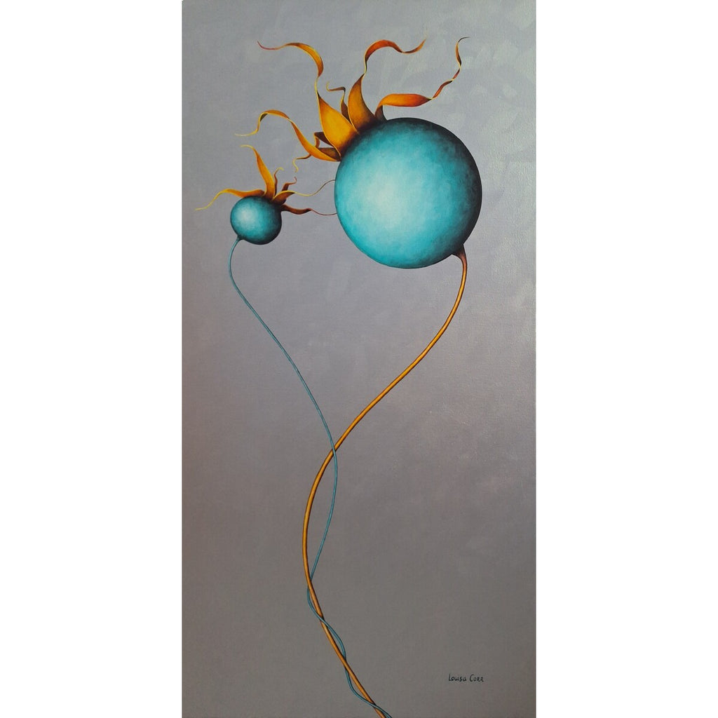 Minimilist artwork with blue rosehips and orange tendrils on a silver background