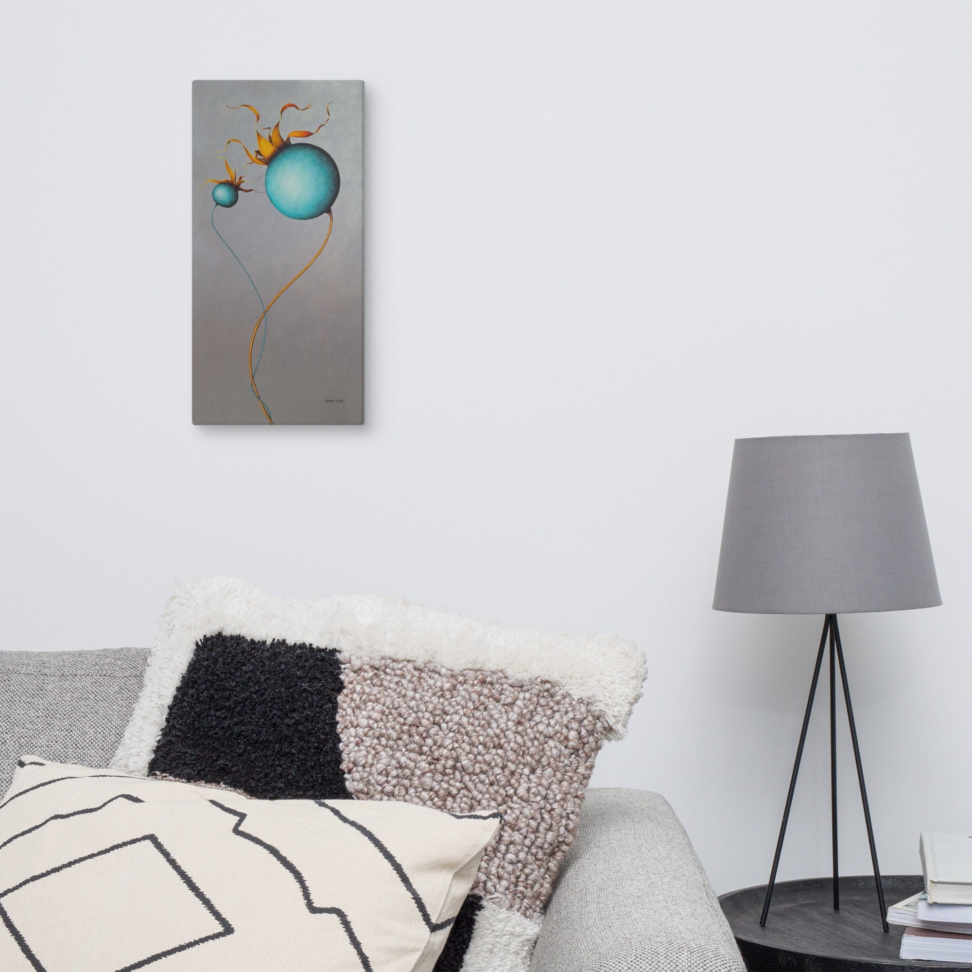 Living room with a gorgeous and modern silver thistle painting.