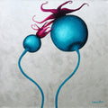 Artistic depiction of two blue spheres with pink tentacle-like extensions on a textured gray background.