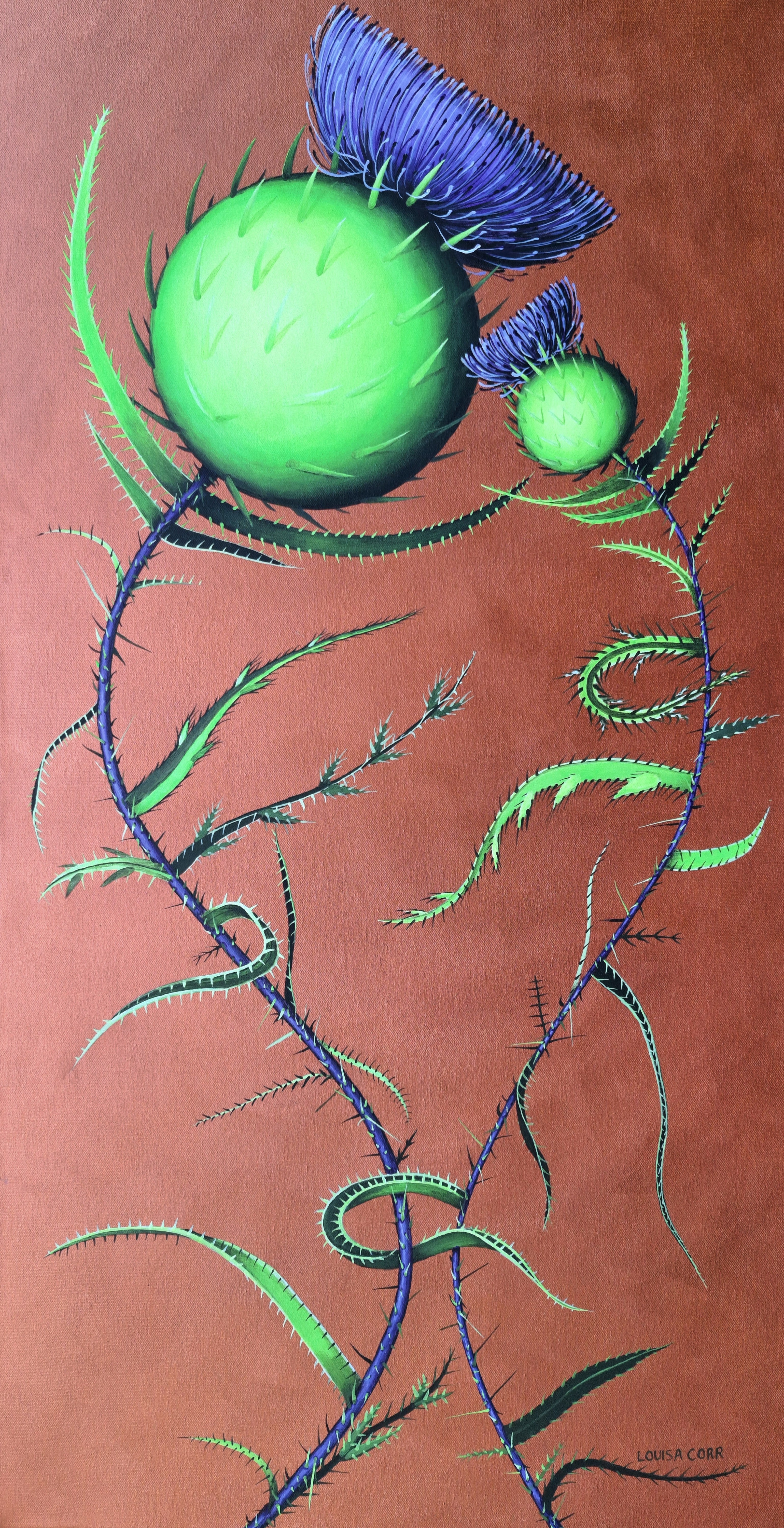 Abstract artwork with green and blue elements on a brown background Thistles canvas print from original painting by Louisa Corr