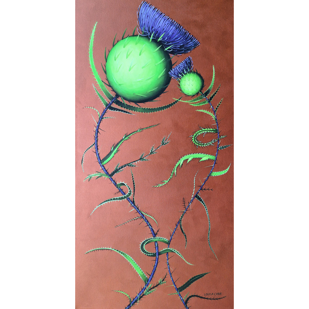 Artistic depiction of green and blue scottish thistles with intricate details on a brown background