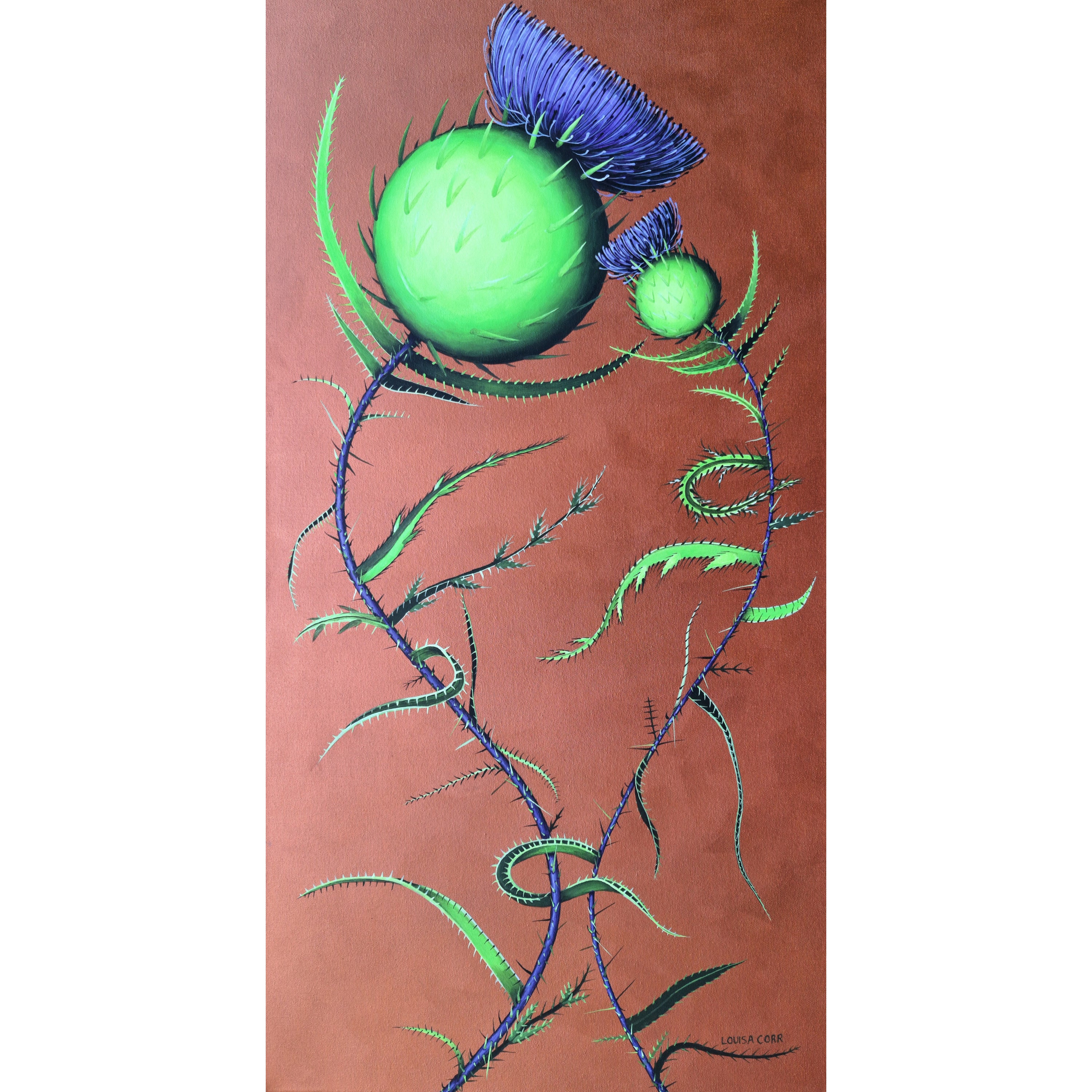 Artistic depiction of green and blue scottish thistles with intricate details on a brown background