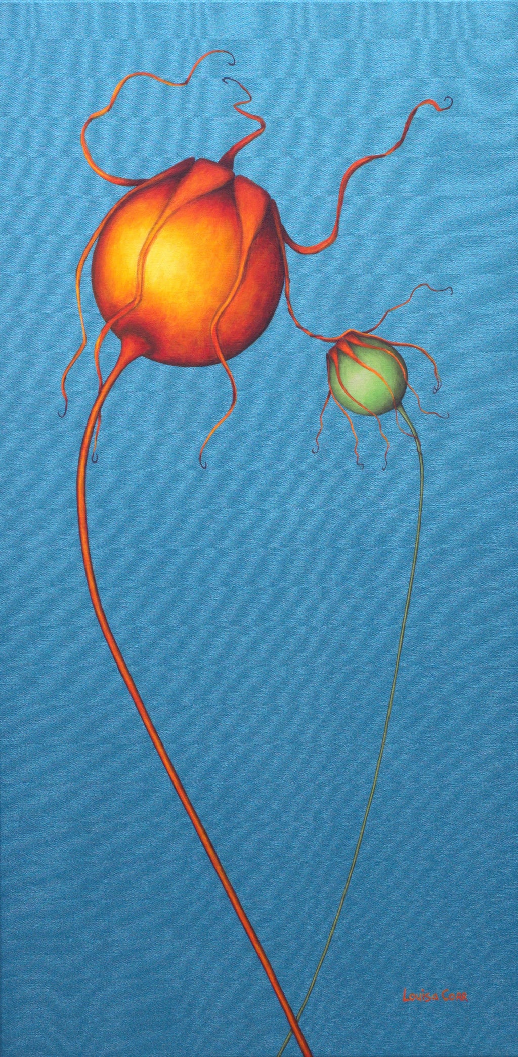 Artistic depiction of two stylized plants with long roots on a blue background