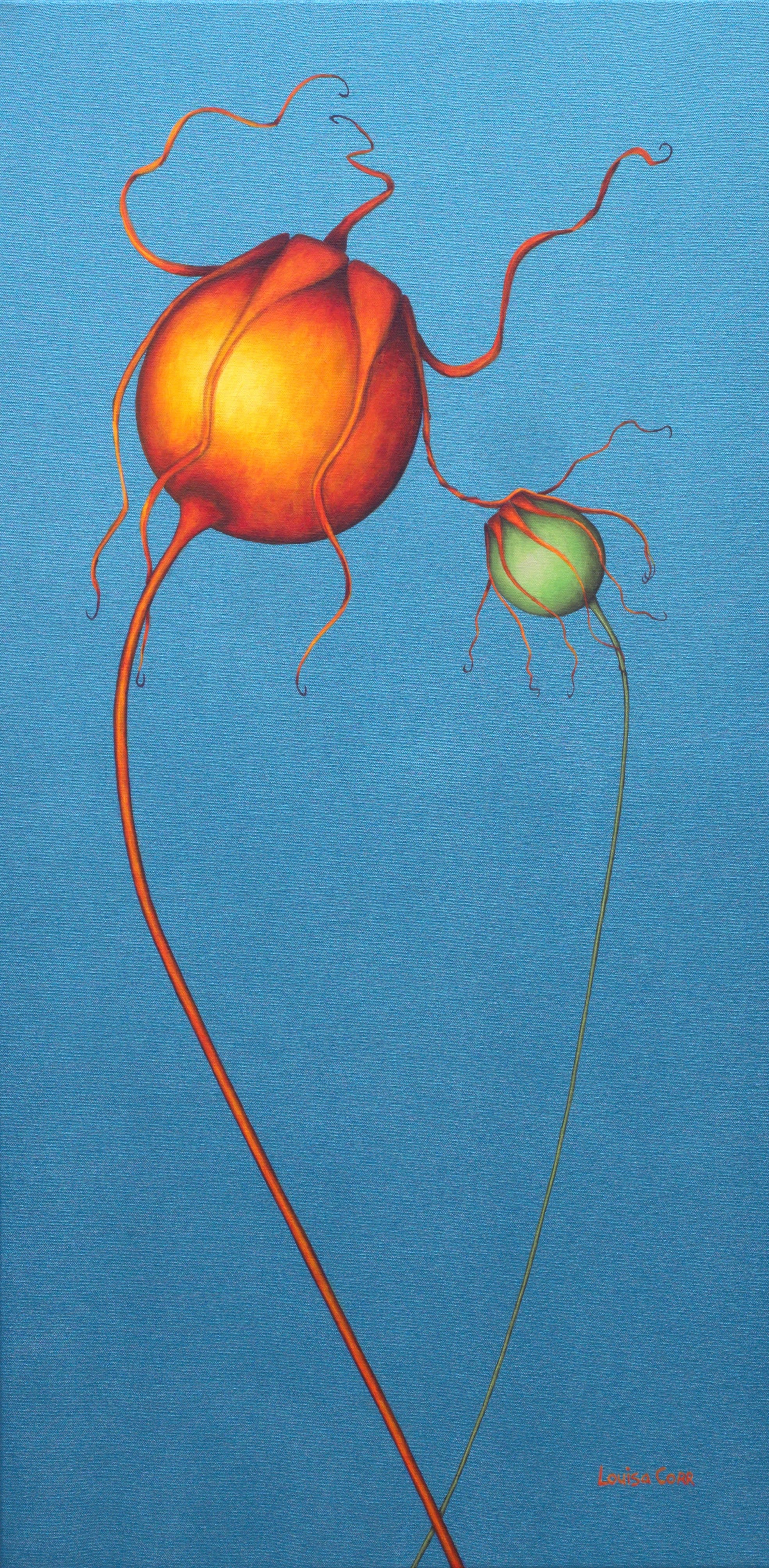 Artistic depiction of two stylized plants with long roots on a blue background