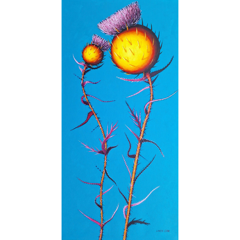 Artistic depiction of thistle flowers with a blue background. vContemporary poppy botanical print, bold summer floral artwork