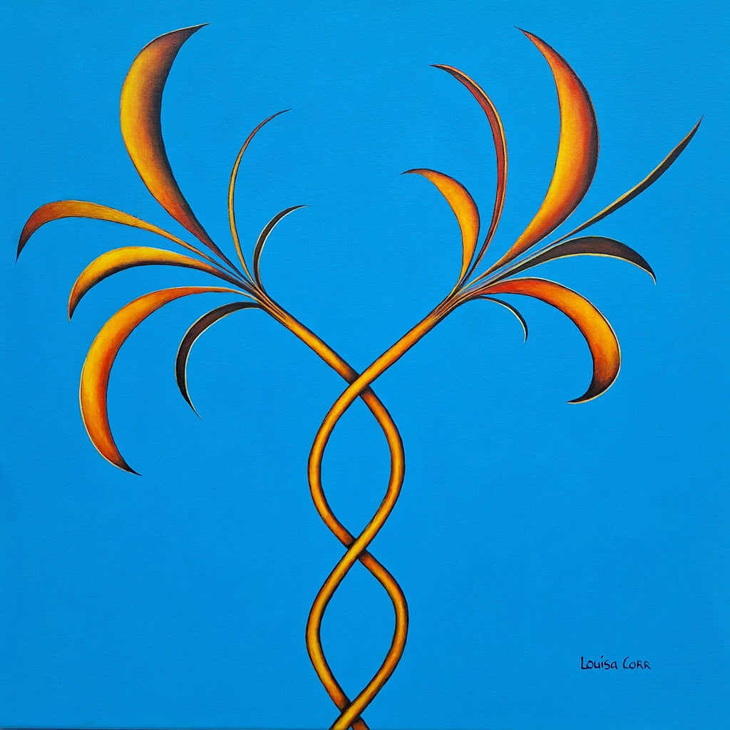 Abstract design of intertwined orange palm teres a blue background. 