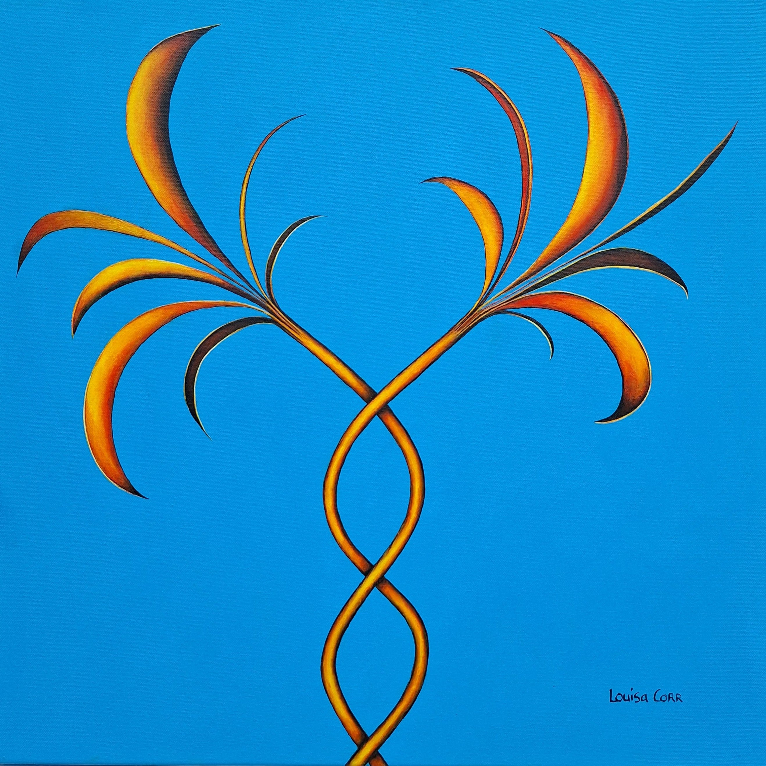 Abstract design of intertwined orange palm teres a blue background. 