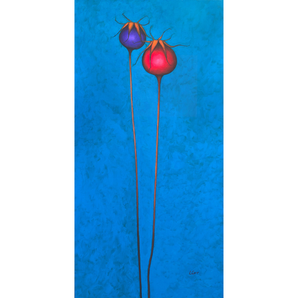 Two colorful buds on stems against a blue background. Wild rosehip berries canvas print, colourful floral wall art