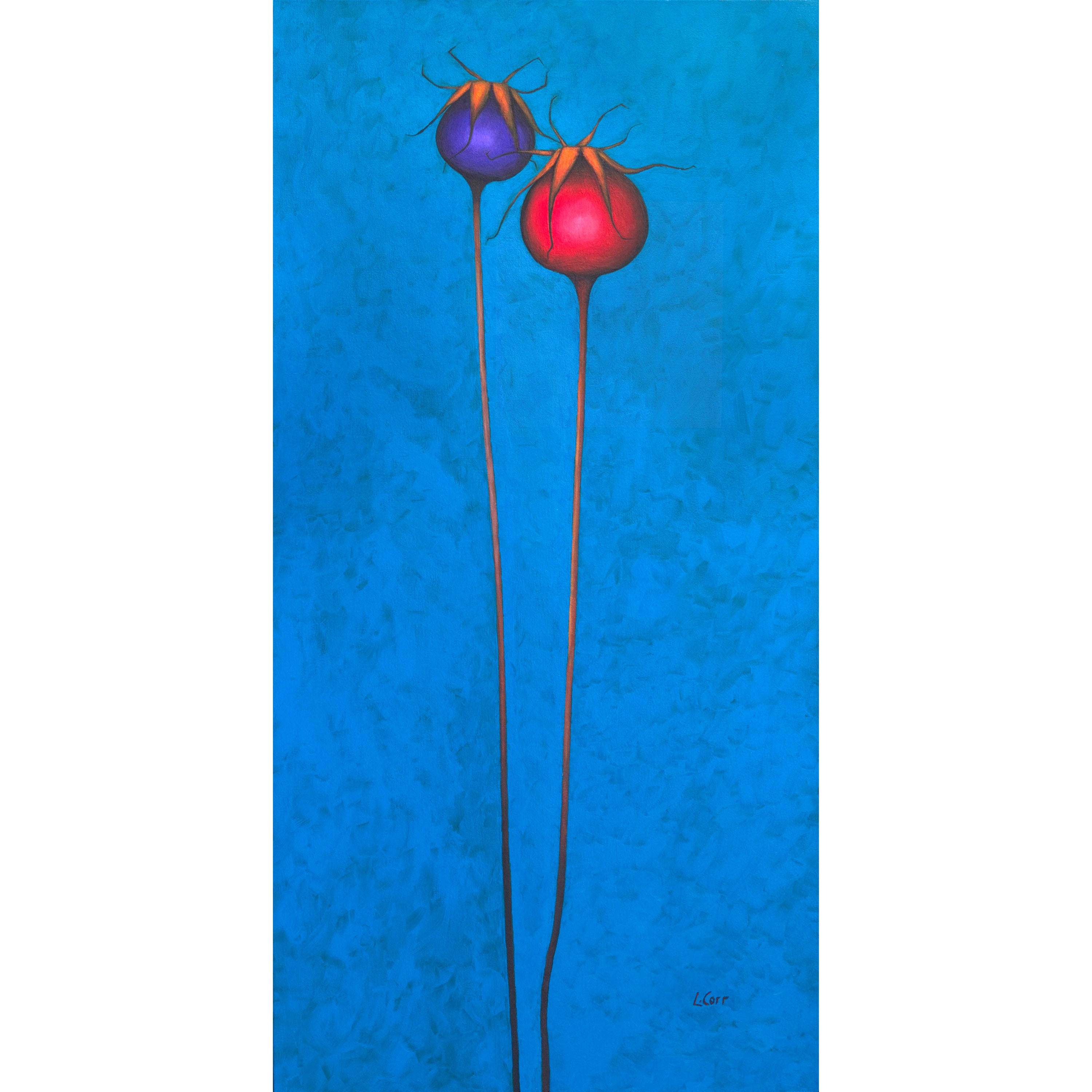 Two colorful buds on stems against a blue background. Wild rosehip berries canvas print, colourful floral wall art