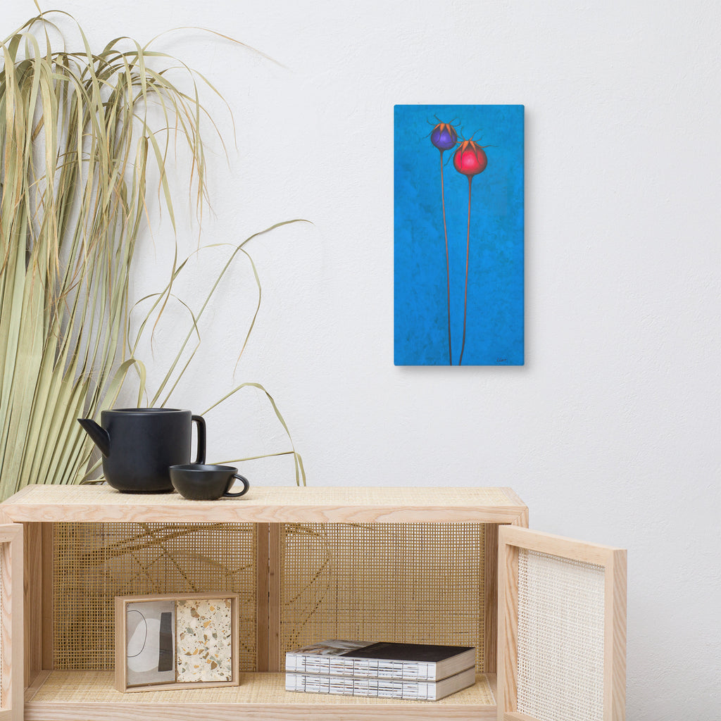 Decorative shelf with a teapot, cup, and framed picture, featuring a blue abstract painting of red flowers on a white wall. Wild rosehip berries canvas print, colourful floral wall art