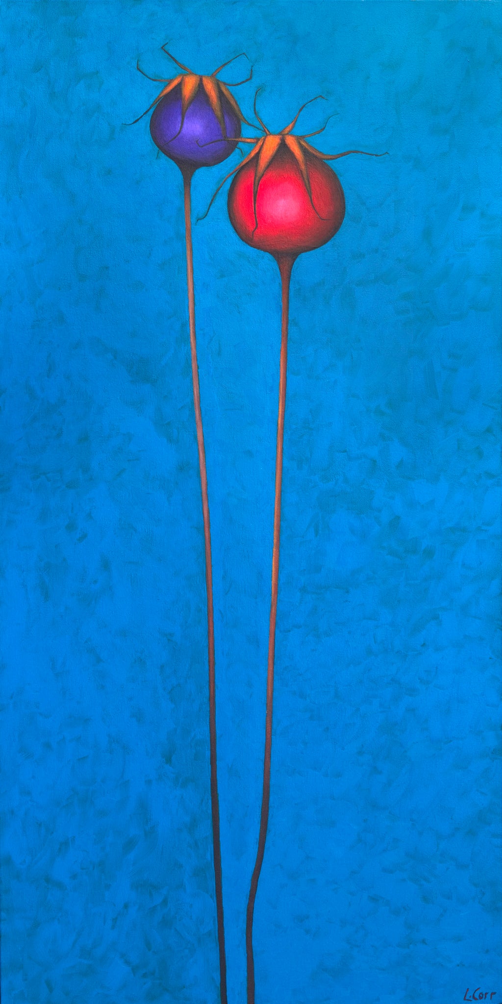 Two stylized flowers, one purple and one red, on a textured blue background. Louisa Corr Rosehip acrylic Painting , print on canvas