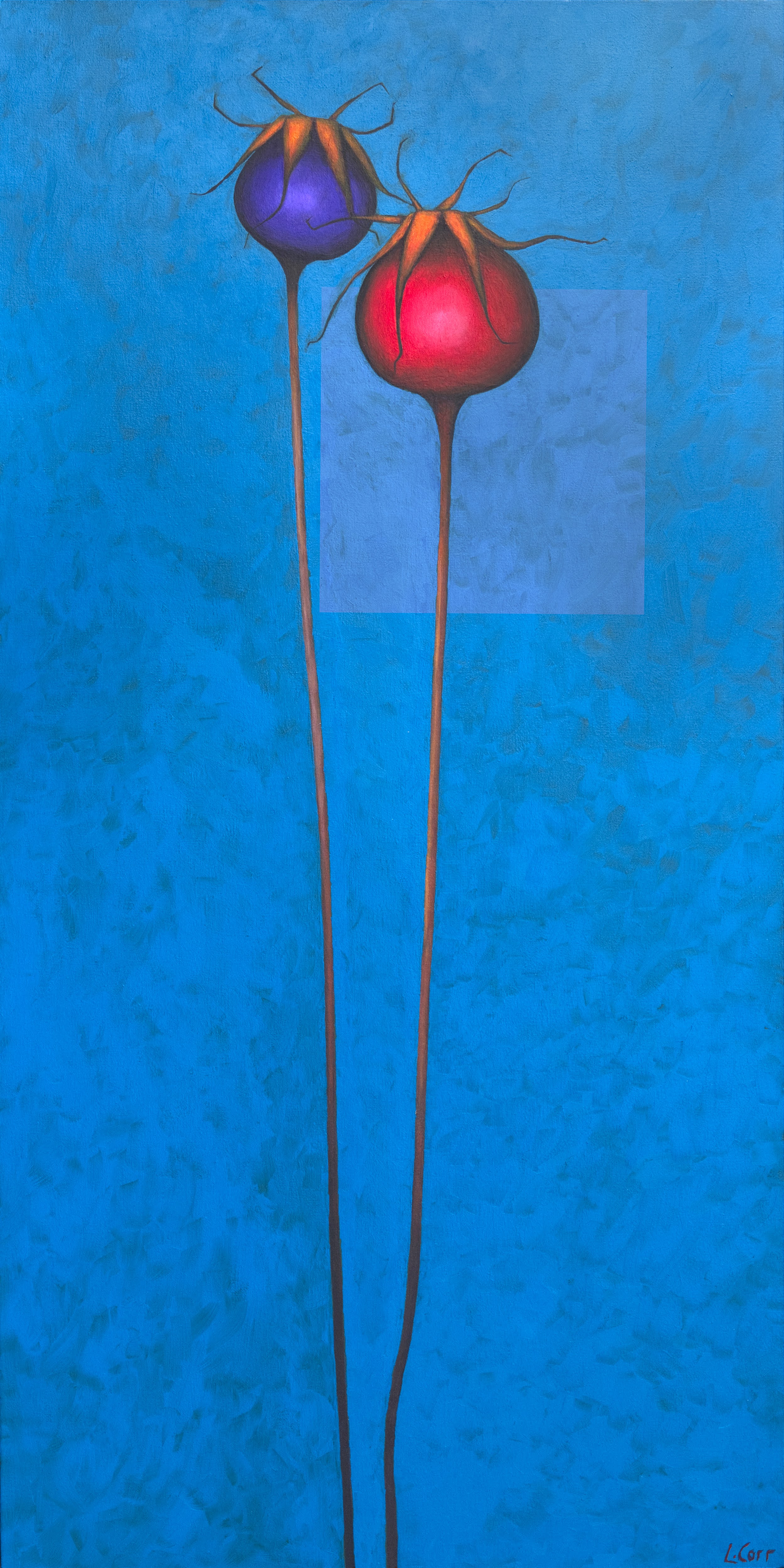 Two stylized flowers, one purple and one red, on a textured blue background. Louisa Corr Rosehip acrylic Painting , print on canvas