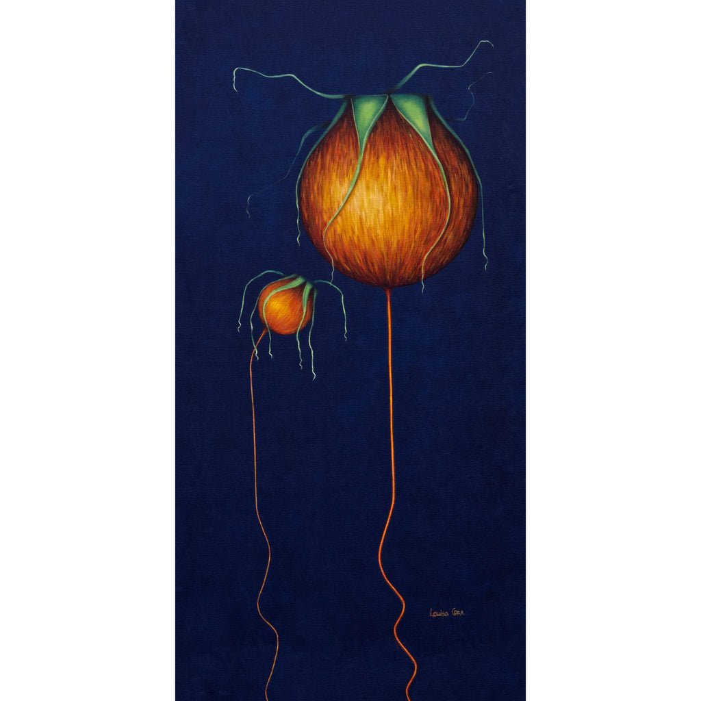 Artistic depiction of two orange fruits with green stems on a dark blue Rosehip branch acrylic painting, contemporary botanical fine artbackground