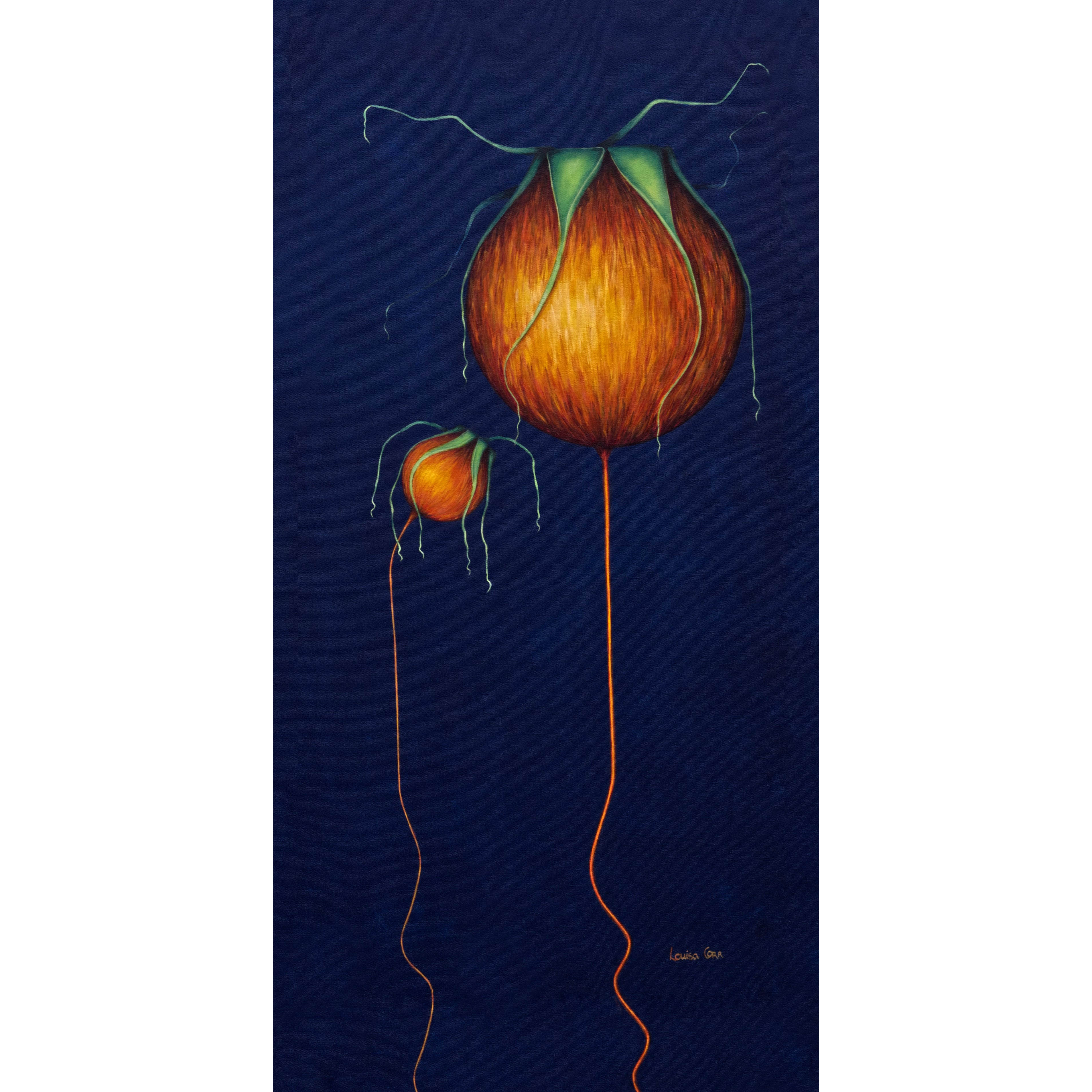 Artistic depiction of two orange fruits with green stems on a dark blue Rosehip branch acrylic painting, contemporary botanical fine artbackground