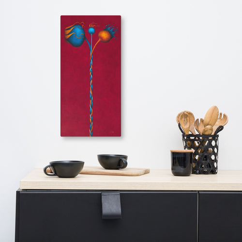 Modern kitchen setup with a colorful abstract red, orange and blue rosehip painting 