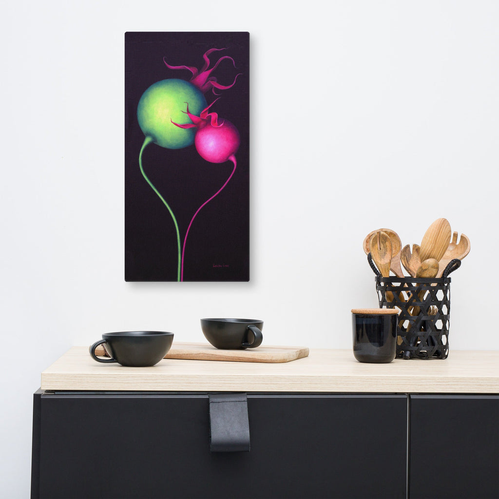 Colorful abstract painting of a flower on a black background above a kitchen counter with utensils and bowls.