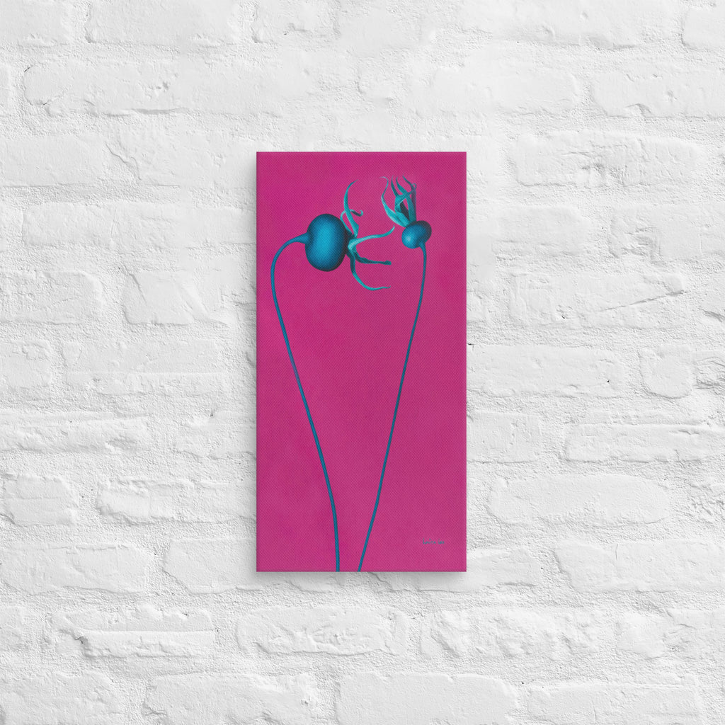 Beautiful pink canvas with blue rosehips. Modern, contemporary, art piece