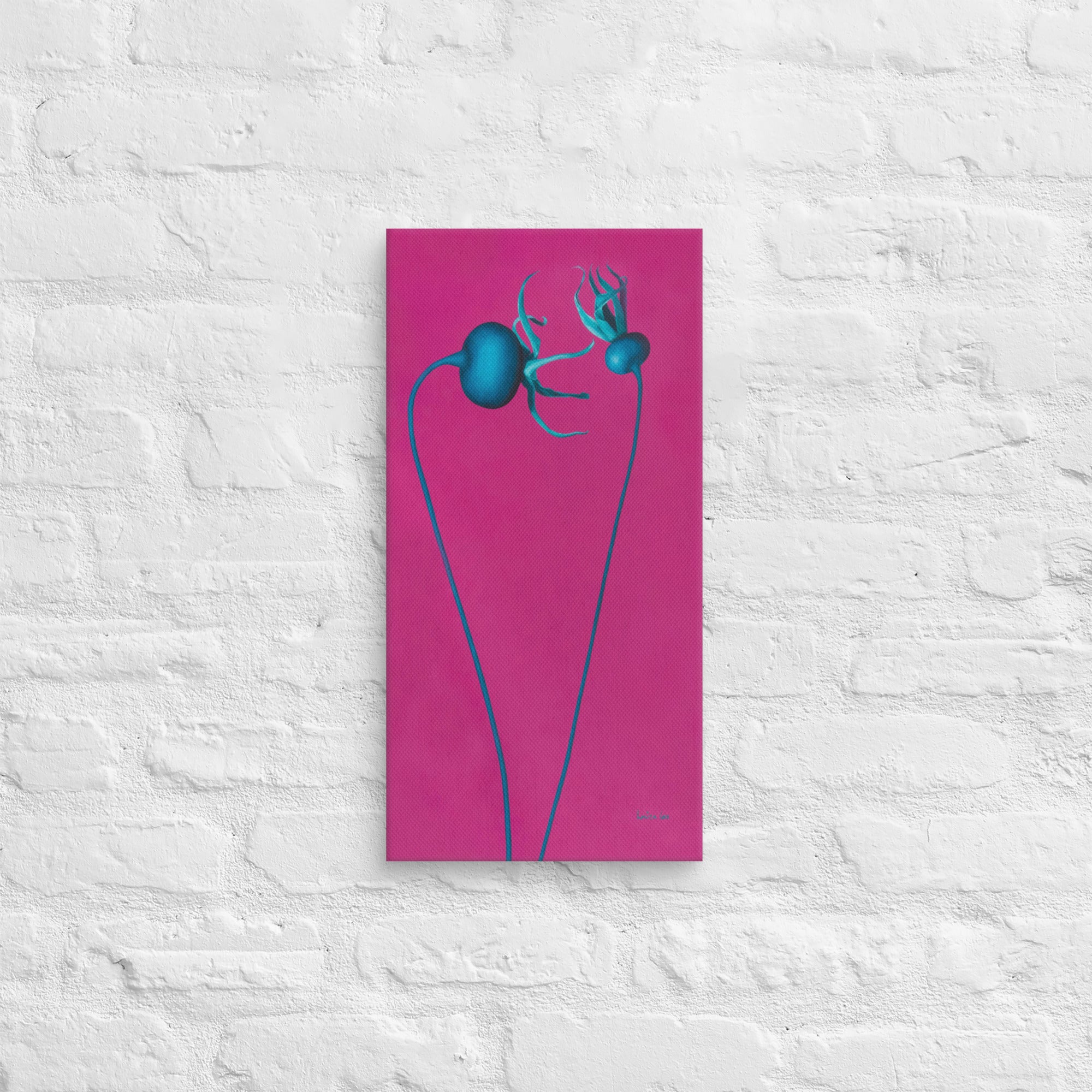 Beautiful pink canvas with blue rosehips. Modern, contemporary, art piece